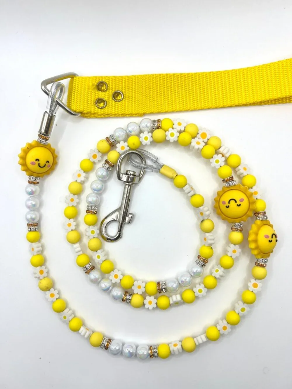 You Are My Sunshine Beaded Dog Leash | Handmade Yellow Daisy & Pearl Luxury Dog